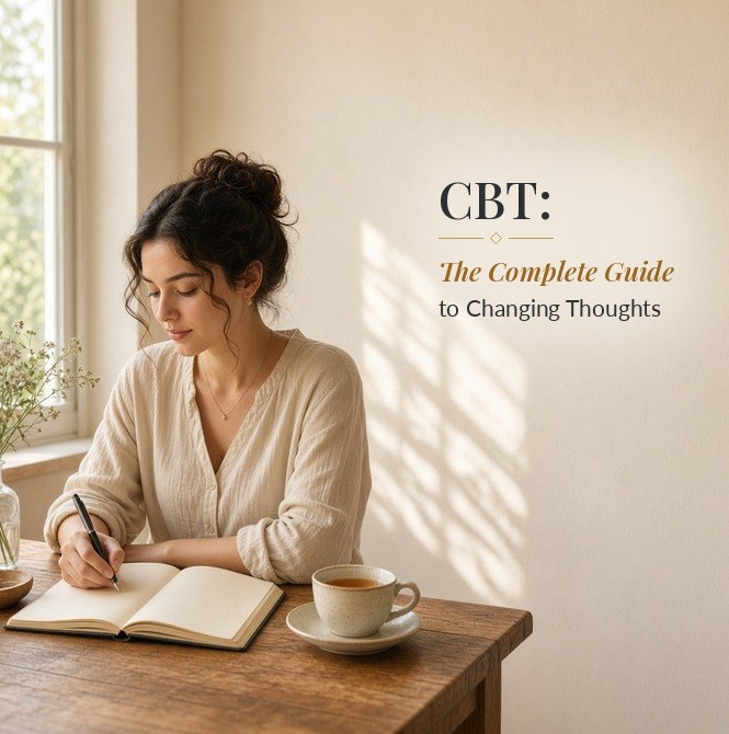 Woman writing in a notebook at a sunlit table with a cup of tea, beside the title CBT: The Complete Guide to Changing Thoughts