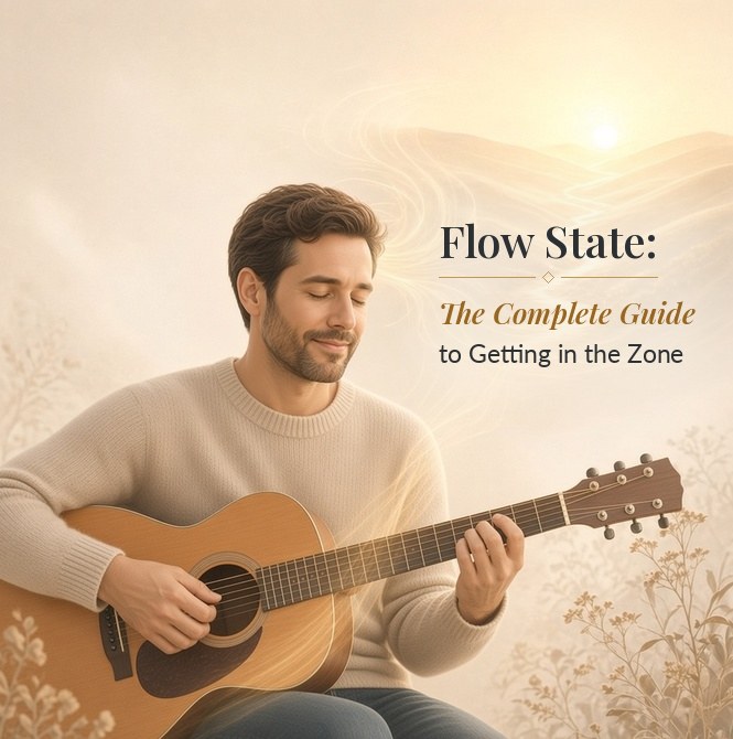 Flow State: The Complete Guide to Getting in the Zone – a man absorbed in playing an acoustic guitar in warm golden light