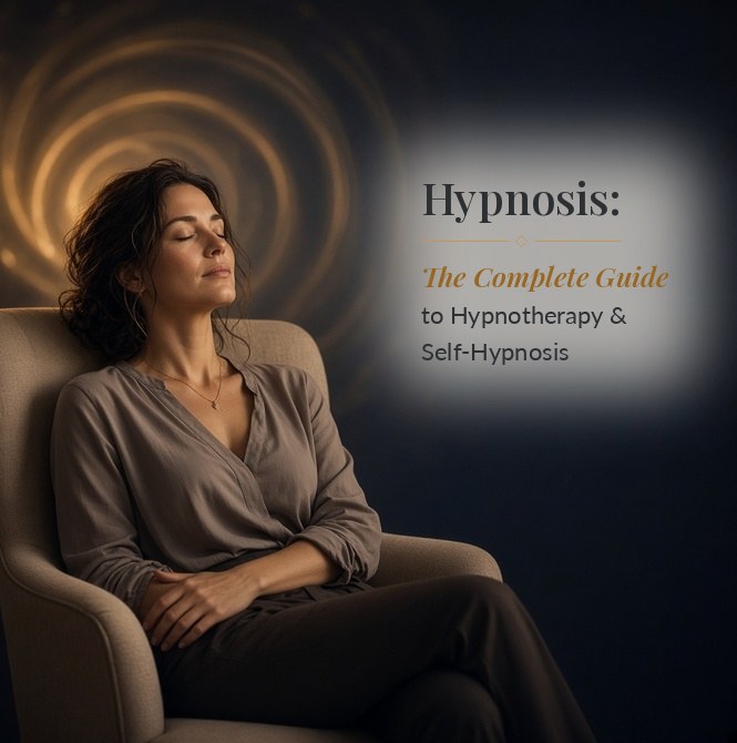 A woman relaxing in an armchair with eyes closed in a calm, focused hypnotic state, with the title Hypnosis: The Complete Guide to Hypnotherapy and Self-Hypnosis