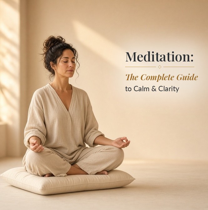 A woman meditating cross-legged on a cushion in warm morning light, with the title Meditation: The Complete Guide to Calm & Clarity
