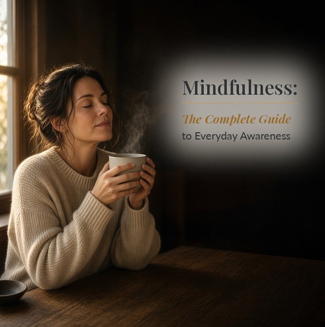 A woman with her eyes closed holding a warm mug of tea by a window, with the title Mindfulness: The Complete Guide to Everyday Awareness