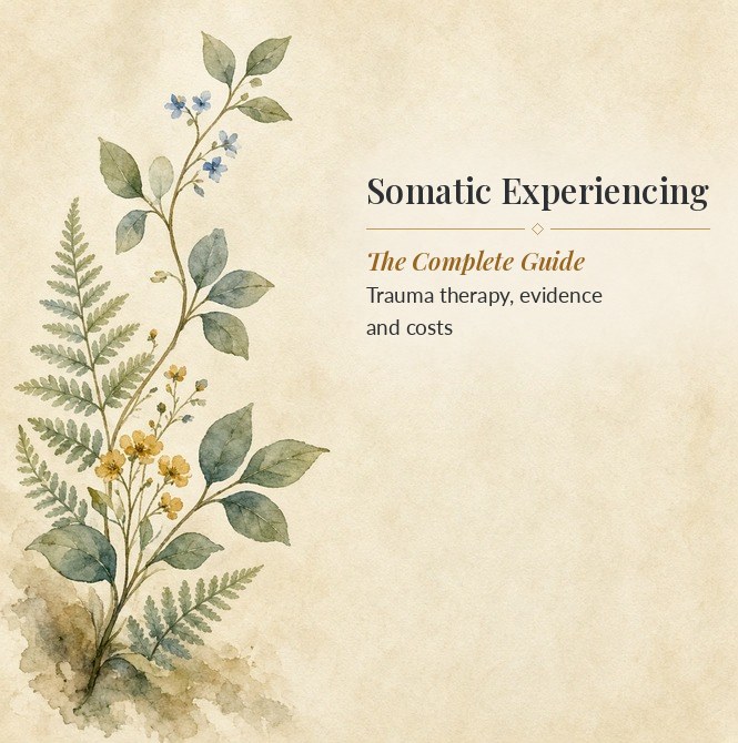 Watercolour sprig of leaves, ferns and small wildflowers beside the title Somatic Experiencing: The Complete Guide
