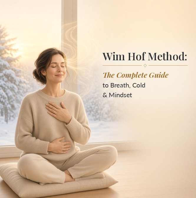 Woman sitting cross-legged on a cushion indoors, eyes closed, one hand on her chest and one on her belly, breathing calmly beside a snowy window, with the title Wim Hof Method: The Complete Guide to Breath, Cold & Mindset