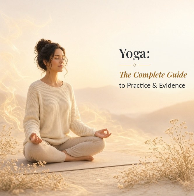 Woman meditating cross-legged on a yoga mat in soft golden light, with the title Yoga: The Complete Guide to Practice & Evidence